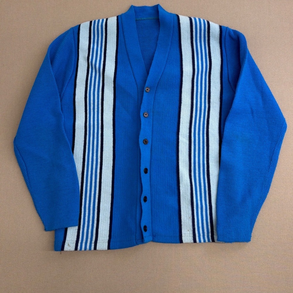 Vintage Blue Striped Button Front Cardigan Sweater Mens Retro Mod Racing Stripe
